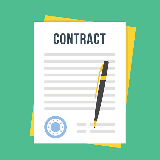 Clipart of a large sheet of paper that says 'Contract' in large letters at the top. A pen rests on the contract.