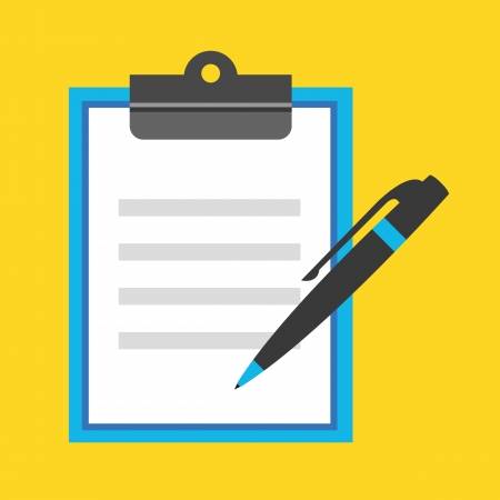 Clipart with a yellow background and blue clipboard, the clipboard has a sheet of paper on it with a black and blue pen off to the side.
